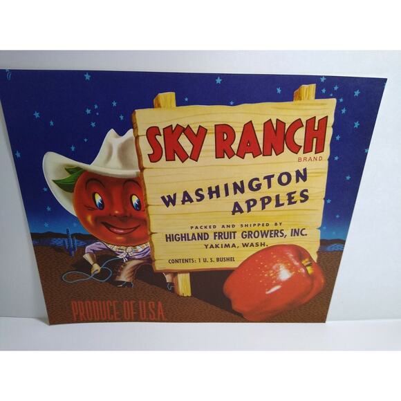 Sky Ranch Apples Crate Label Western Anthropomorphic Cowboy Man Vintage 1950s - Picture 2 of 3
